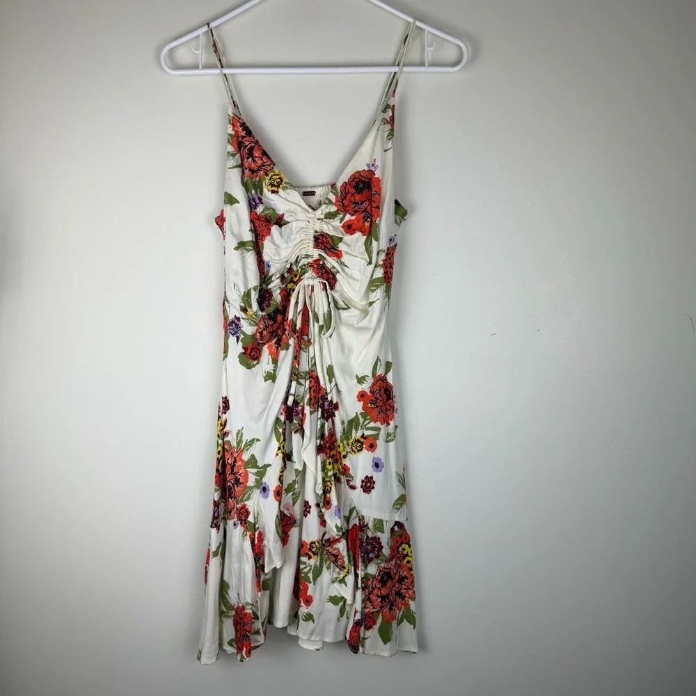 Free People Happy Heart Floral Mini Dress Ruched Ruffle size Small